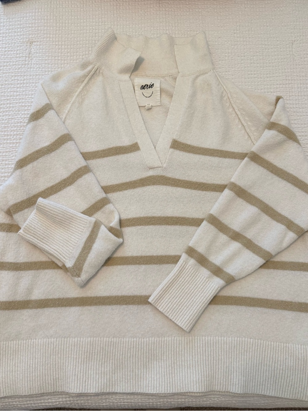 aerie Cream & Tan Striped V-Neck Pullover Sweater